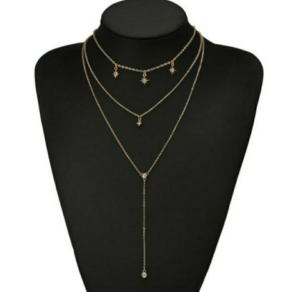 NEW Gold Triple Layer Star Lariat Choker Necklace - Picture 4 of 6